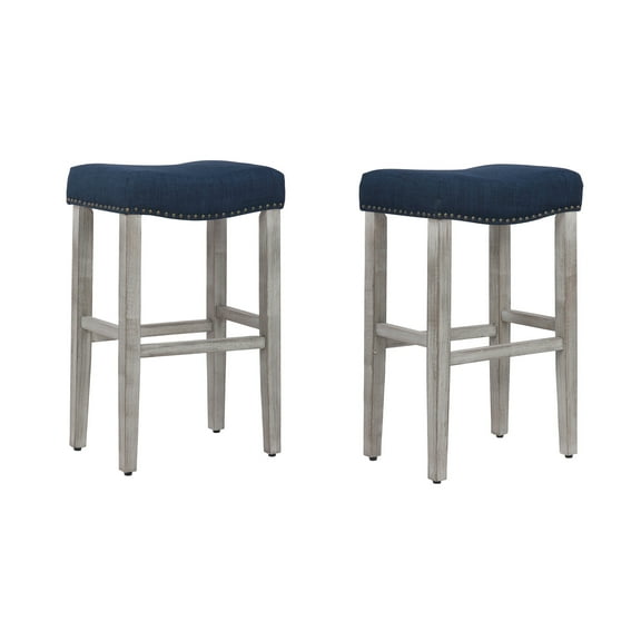 29" Inch Upholstered Saddle Seat Counter Stool (Set of 2), Antique Gray/Navy Blue