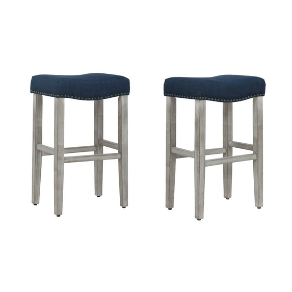 29" Inch Upholstered Saddle Seat Counter Stool (Set of 2), Antique Gray/Navy Blue