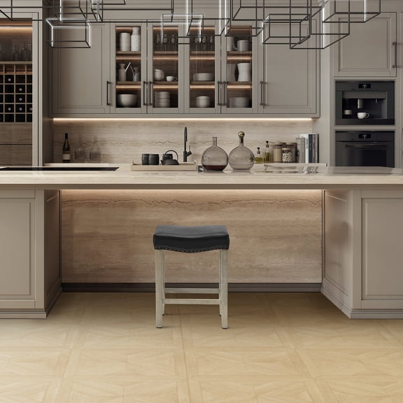 24" Inch Upholstered Saddle Seat Bar Stool, Antique Gray/Leather