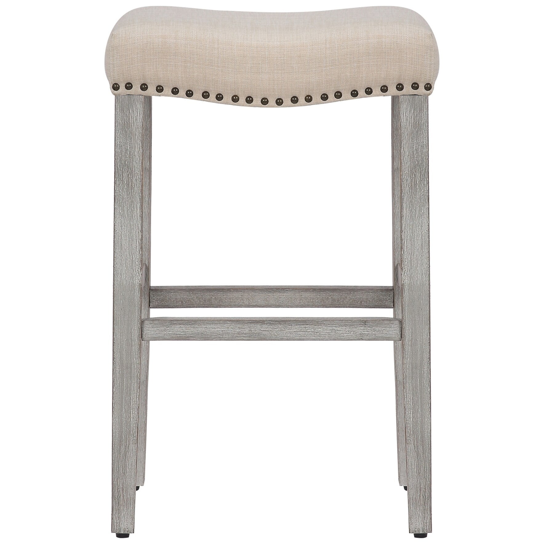 Beige Upholstered Saddle Wood Bar Stool, 29-Inch, Antique Gray Legs