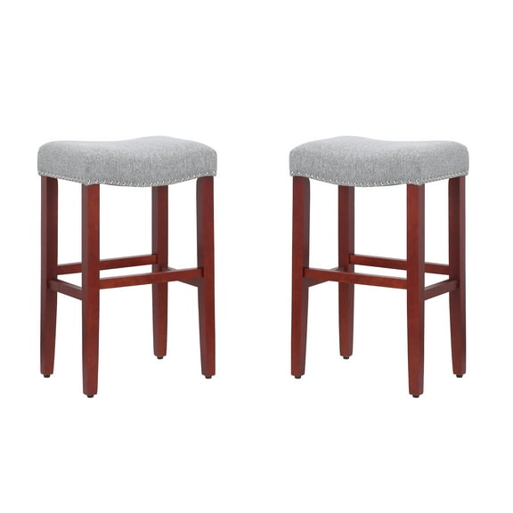 Polytrends Jameson Upholstered Polyester 29" Bar Stool with Cherry Legs - (Set of 2) Cherry/Gray