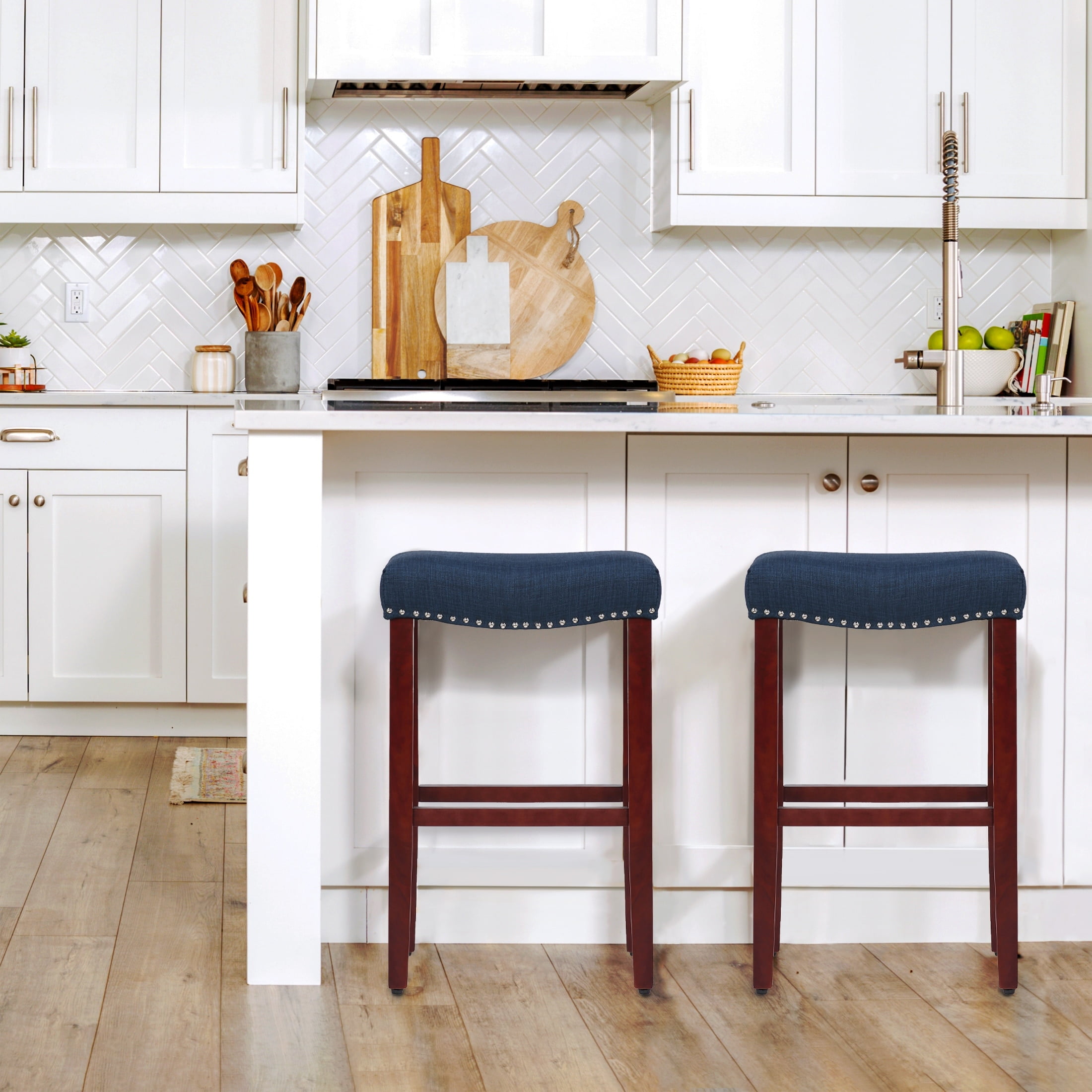 29" Cherry Wood Navy Blue Upholstered Saddle Seat Bar Stools, Set of 2