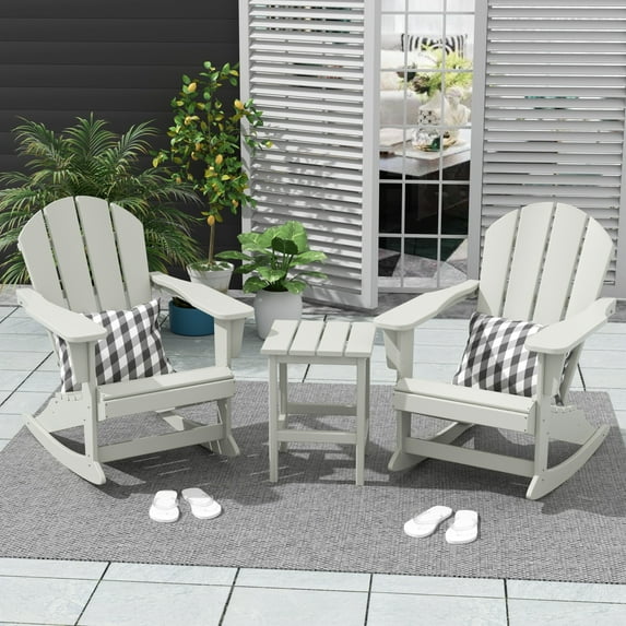 Polytrends Laguna 3-Piece Poly Adirondack Rocking Chairs and Side Table Set Sand