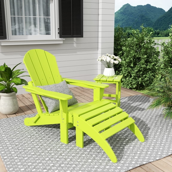 Polytrends Laguna All Weather Poly Outdoor Patio Adirondack Chair Set - with Ottoman and Side Table (3-Piece) Lime