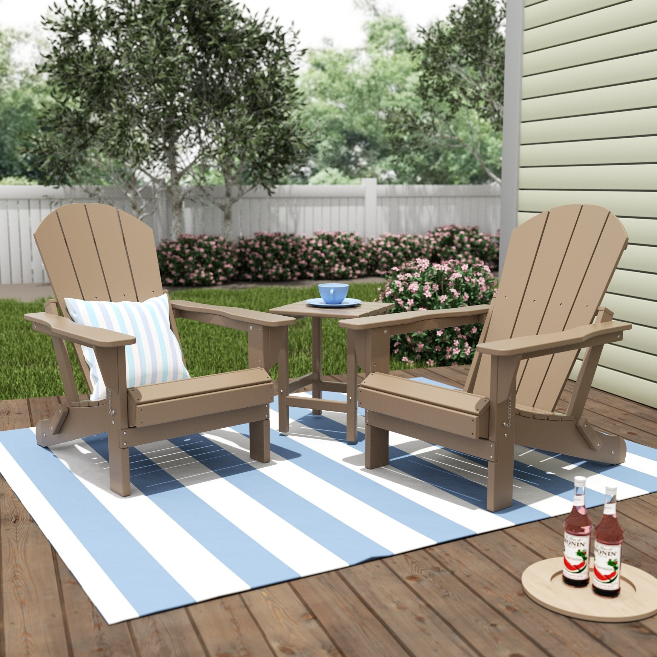 Polytrends Laguna All Weather Poly Outdoor Patio Adirondack Chair Set with Square Side Table 3 Piece Weathered Wood Walmart