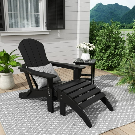 Polytrends Laguna Hdpe All Weather Outdoor Patio Foldable Adirondack Chair With Ottoman And Side Table (3-Piece Set) Black