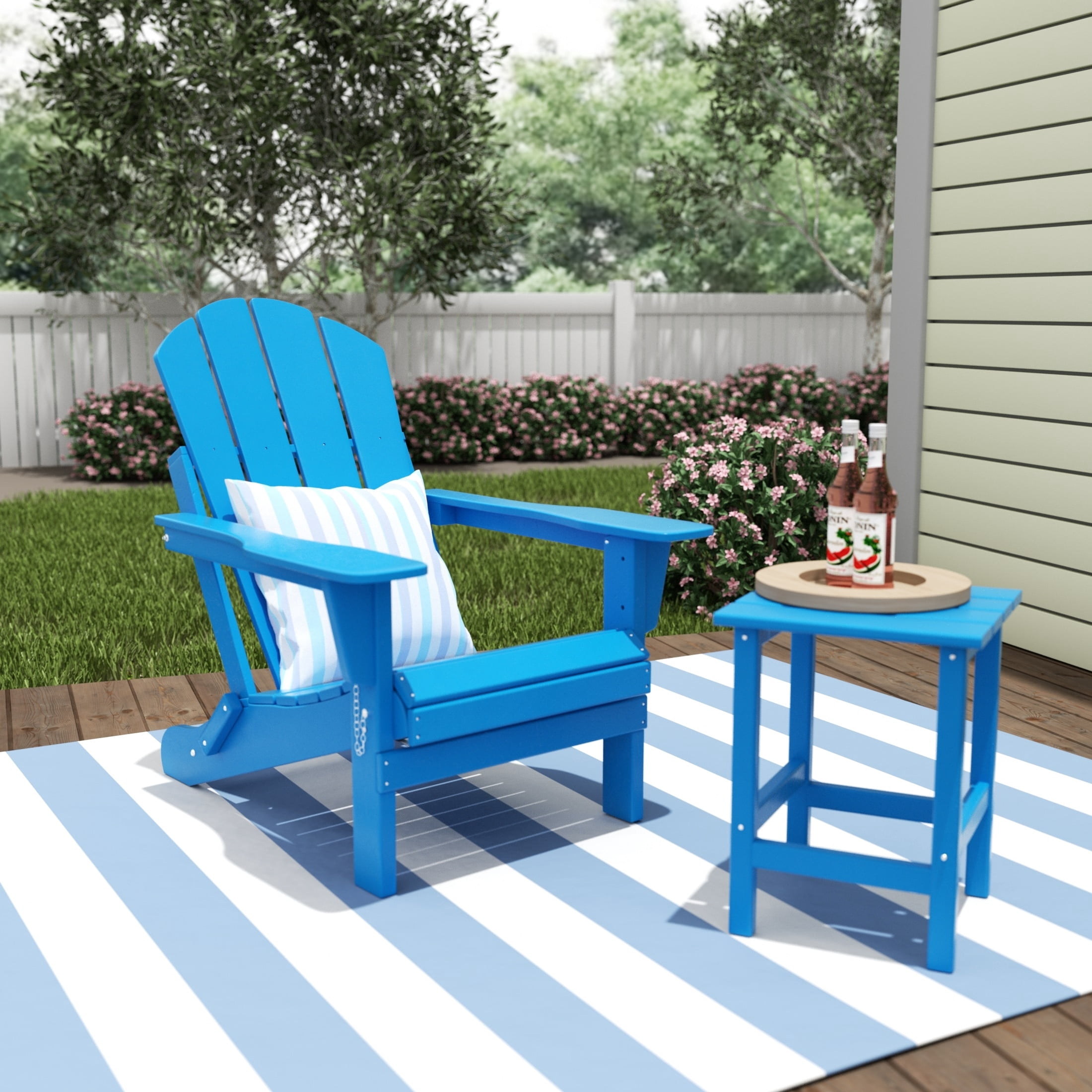 Polytrends  Laguna Hdpe All Weather Outdoor Patio Foldable Adirondack Chair With Side Table (2-Piece Set) Pacific Blue