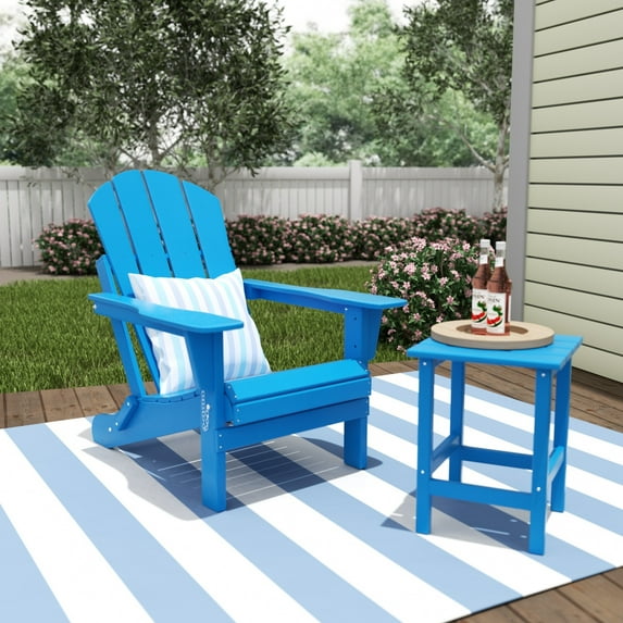 Polytrends Laguna Hdpe All Weather Outdoor Patio Foldable Adirondack Chair With Side Table (2-Piece Set) Pacific Blue