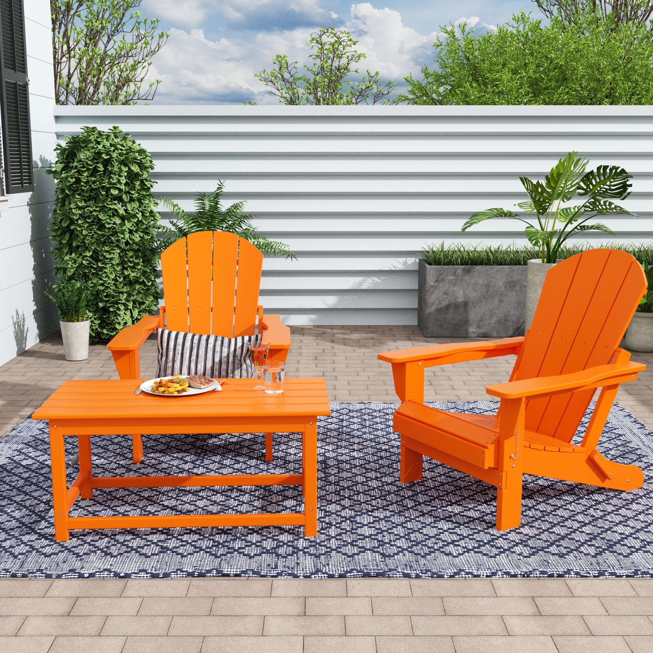 Polytrends  Laguna Hdpe All Weather Outdoor Patio Foldable Adirondack Chairs Conversation Set (3-Piece Set) Orange