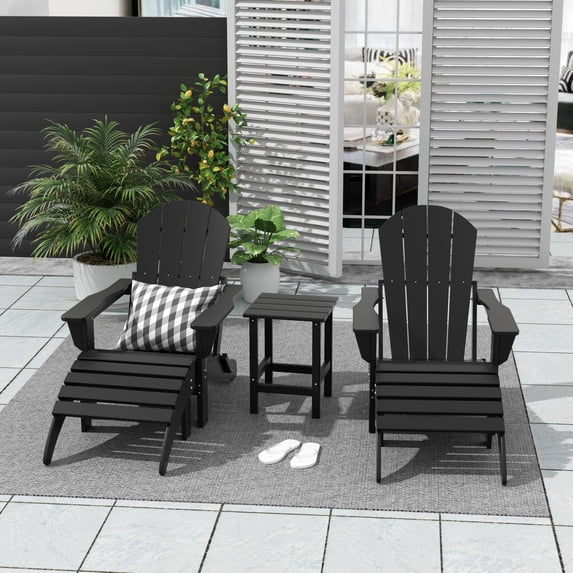 Polytrends Laguna Hdpe All Weather Outdoor Patio Foldable Adirondack Chairs Conversation Set (5-Piece Set) Black