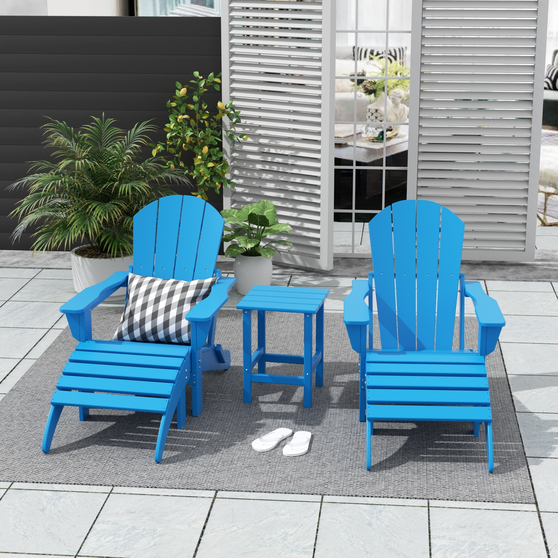 Polytrends  Laguna Hdpe All Weather Outdoor Patio Foldable Adirondack Chairs Conversation Set (5-Piece Set) Pacific Blue
