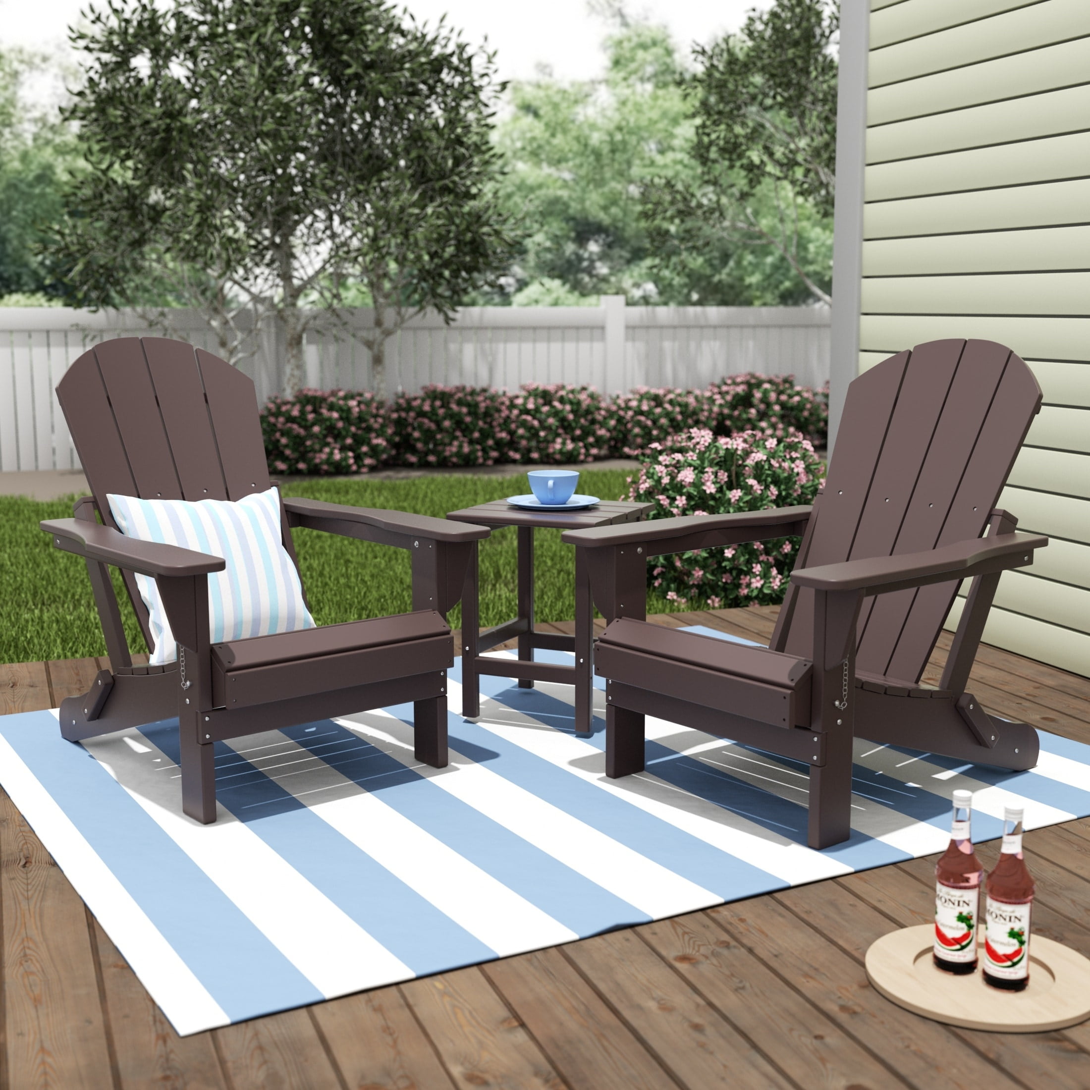 Polytrends  Laguna Hdpe All Weather Outdoor Patio Foldable Adirondack Chairs With Side Table (3-Piece Set) Dark Brown