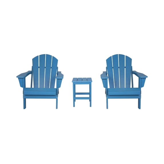 Polytrends Laguna Hdpe All Weather Outdoor Patio Foldable Adirondack Chairs With Side Table (3-Piece Set) Pacific Blue