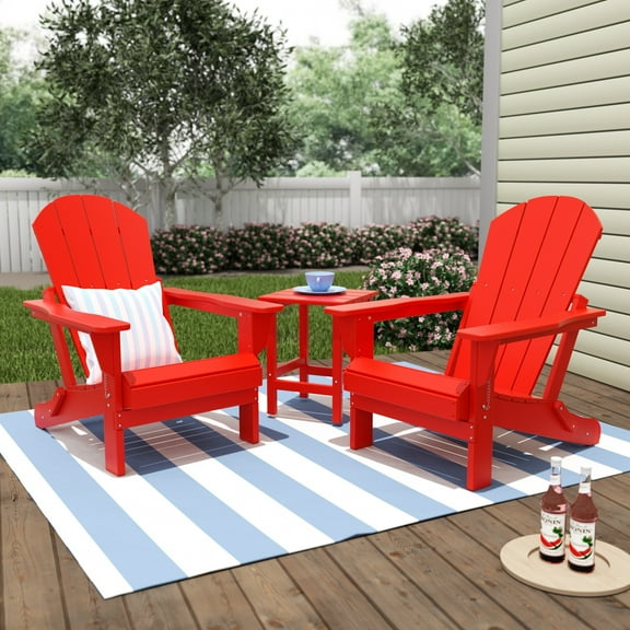 Polytrends  Laguna Hdpe All Weather Outdoor Patio Foldable Adirondack Chairs With Side Table (3-Piece Set) Red