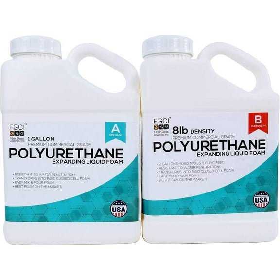 Polyurethane Expanding Liquid Foam 2 Gallon KIT, 8 LB Density Polyurethane Foam, Includes 1 Gallon Part A & 1 Gallon Part B, 2 Part Polyurethane Marine Foam