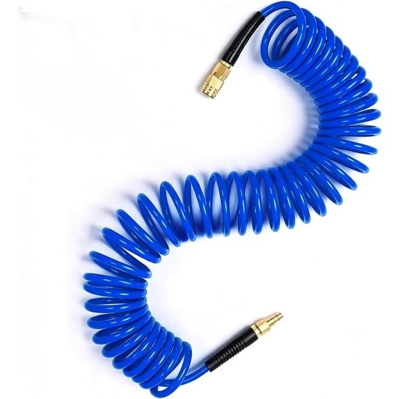 Polyurethane Recoil Air Hose 1/4" NPT x 25 FT | Air Compressor Hose 300 PSI, Coiled Retractable with Quick Connect Coupler & Bend Restrictors for Pneumatic Tools
