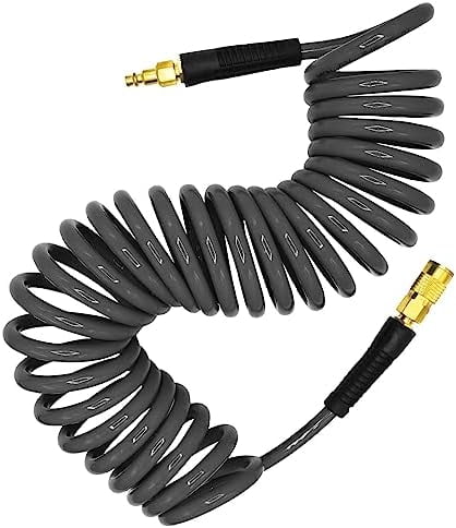 Polyurethane Recoil Air Hose 3/8" Inner Diameter by 25' Long with Bend Restrictor, Repairable 1/4" Industrial Quick Coupler and Plug, Gray