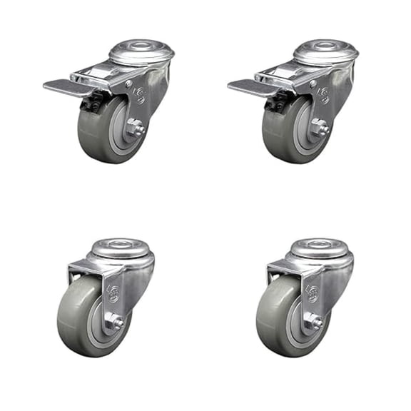 Polyurethane Swivel Bolt Hole Caster Set of 4 w/3" x 1.25" Gray Wheels - Includes 2 with Total Locking Brakes - 1200 lbs Total Capacity - Brand