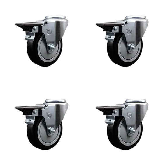 Polyurethane Swivel Bolt Hole Caster Set of 4 w/4" x 1.25" Black Wheels - Includes 4 Swivel with Posi Lock Brakes - 1400 lbs Total Capacity - Brand
