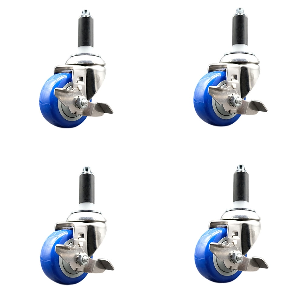 Polyurethane Swivel Stem Caster Set of 4 with 3 Inch Blue Caster Wheels