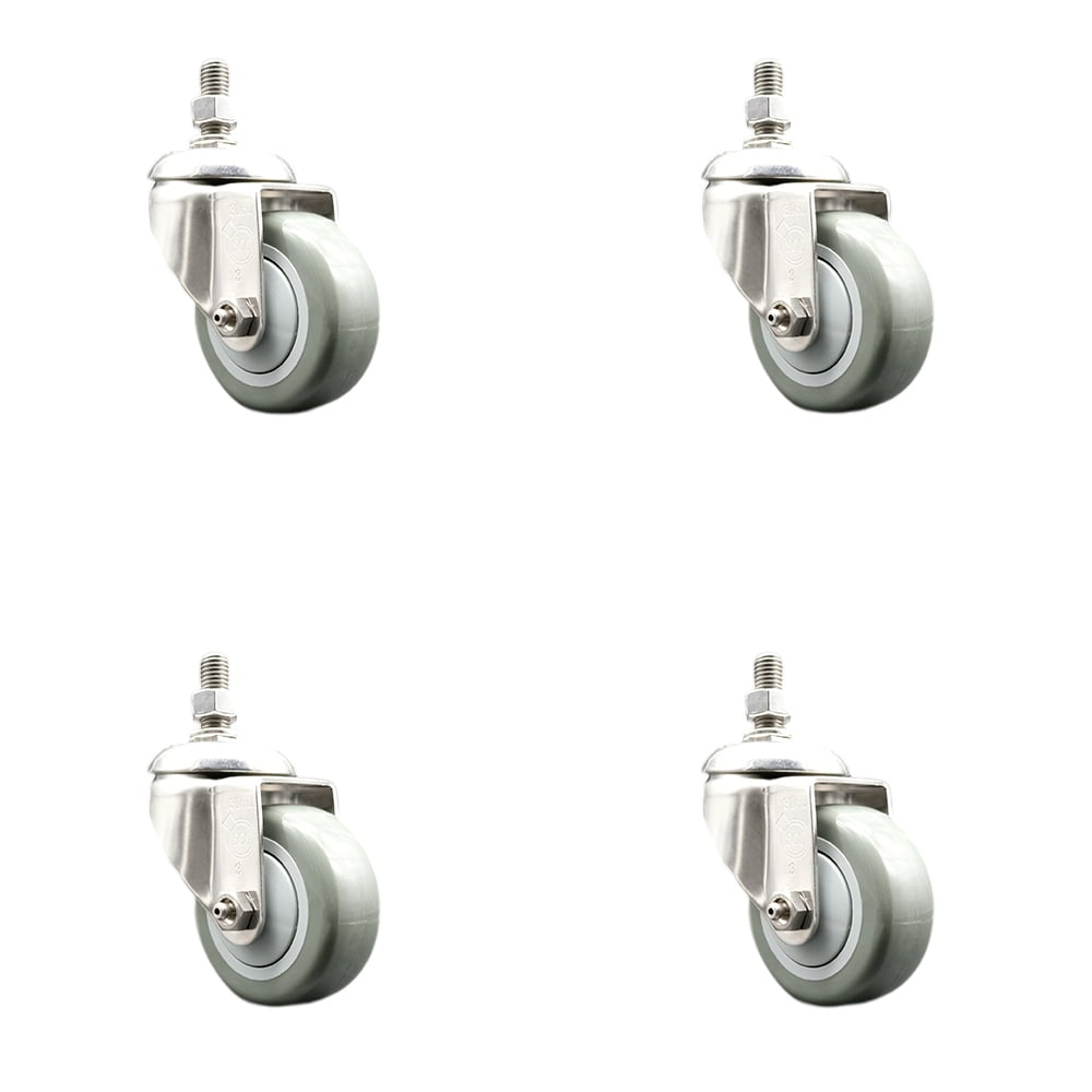 Polyurethane Swivel Stem Caster Set of 4 with 3 Inch Gray Caster Wheels 12mm Metric Threaded