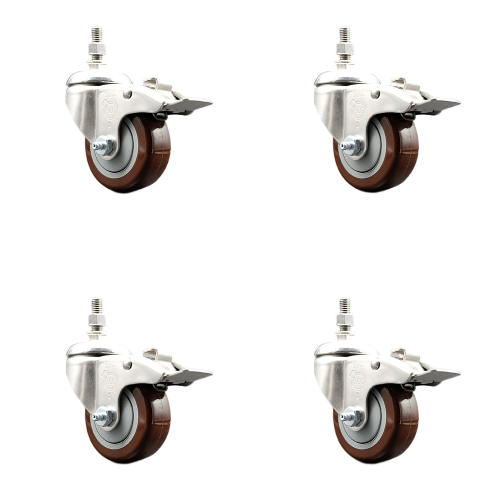 Polyurethane Swivel Stem Caster Set of 4 with 3 Inch Maroon Caster Wheels 12mm Metric Threaded