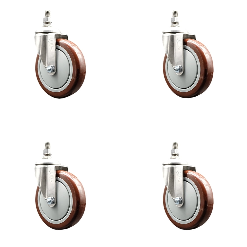 Polyurethane Swivel Stem Caster Set of 4 with 5 Inch Maroon Caster Wheels 12mm Metric Threaded