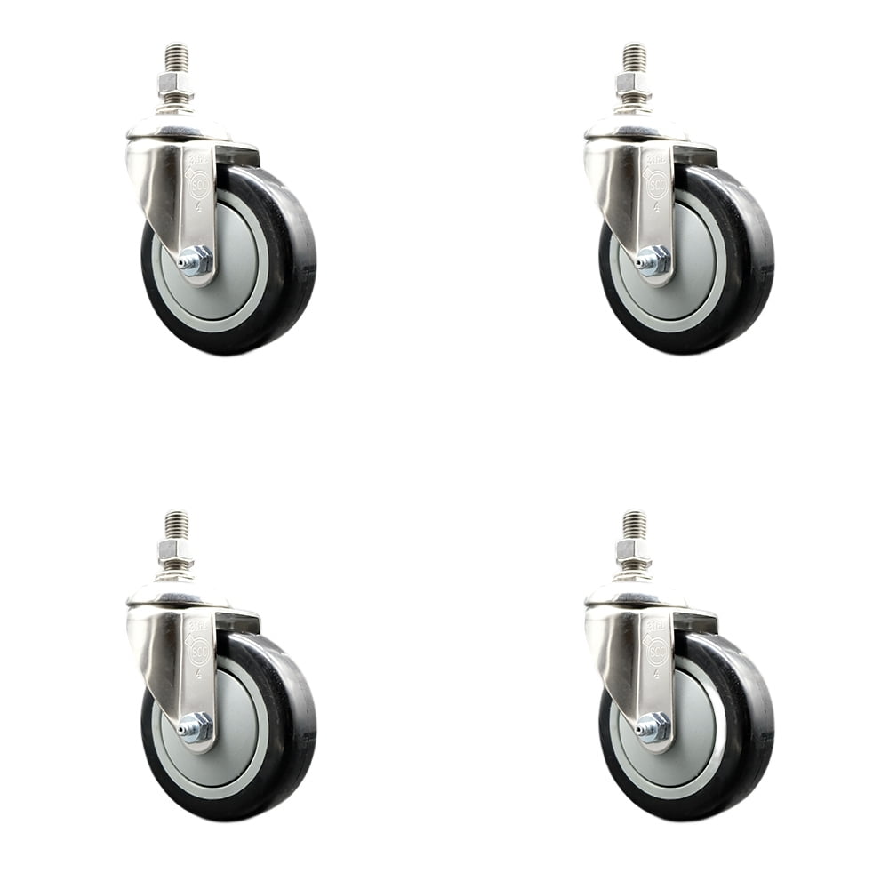 Polyurethane Swivel Stem Caster Set of 4 with 4 Inch Black Caster Wheels 12mm Metric Threaded