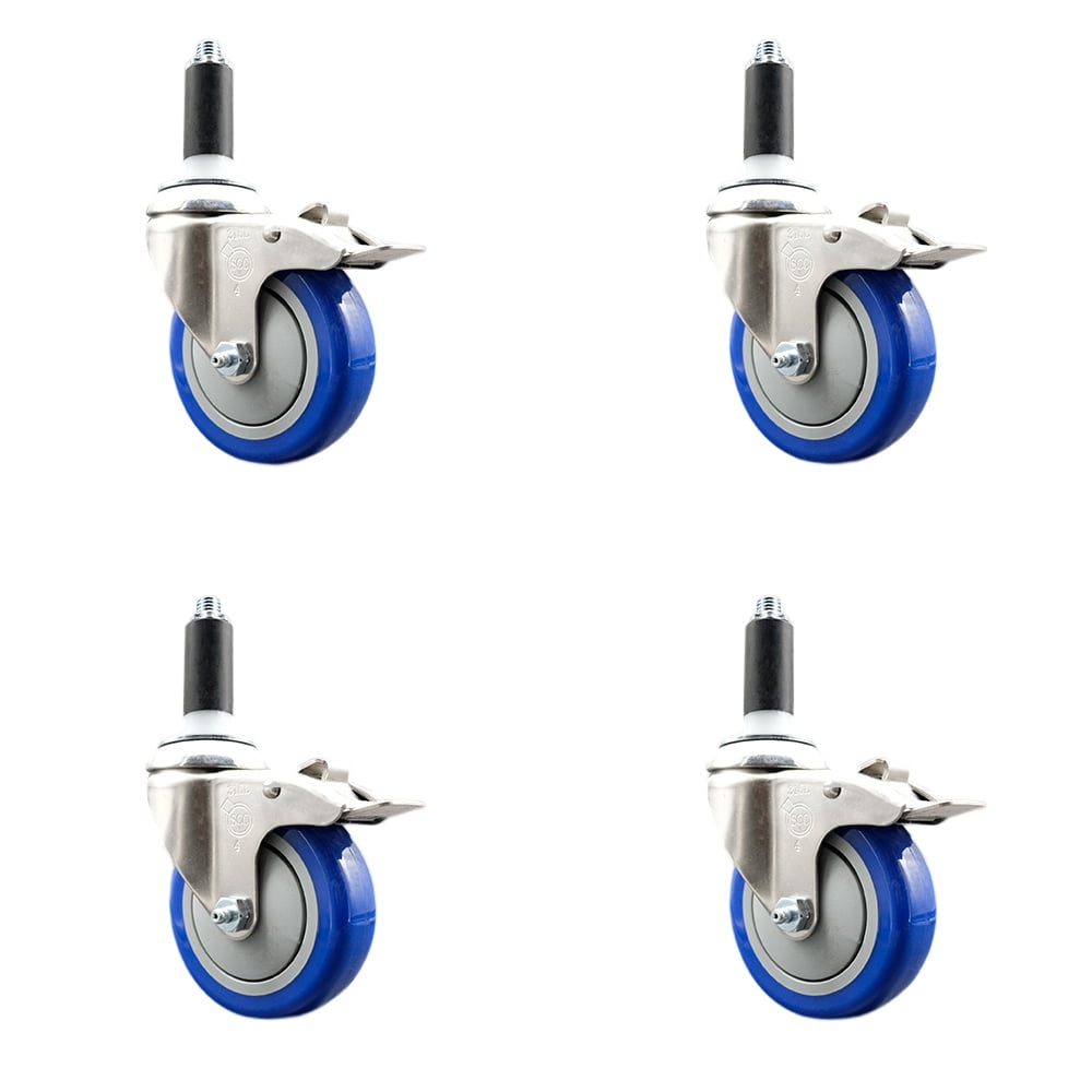 Polyurethane Swivel Stem Caster Set of 4 with 4 Inch Blue Caster Wheels