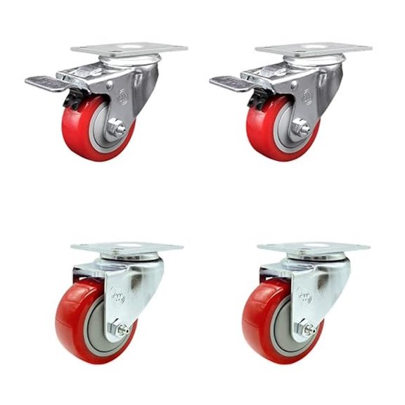 Polyurethane Swivel Top Plate Caster Set of 4 with 3.5 Inch Red Wheels - Includes 2 Swivel with Total Locking Brakes and 2 Swivel - 1200 lbs. Total Capacity - Brand