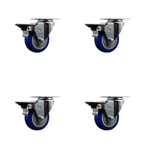 Polyurethane Swivel Top Plate Caster Set of 4 with 3.5 Inch Blue Wheels - Includes 4 Swivel with Posi Lock Brakes - 1200 lbs. Total Capacity - Brand