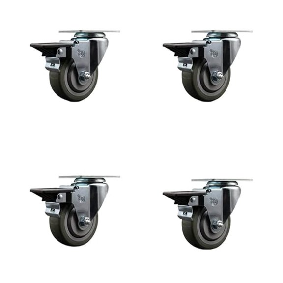 Polyurethane Swivel Top Plate Caster Set of 4 with 3.5 Inch Gray Wheels - Includes 4 Swivel with Posi Lock Brakes - 1200 lbs. Total Capacity - Brand