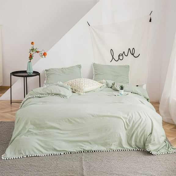 Pom Pom Duvet Cover Set Queen Size,Solid Color Farmhouse Bedding Set with White Fringe Ball ,Ultra Soft & Breathable Washed Microfiber Comforter Cover - 3 Pieces