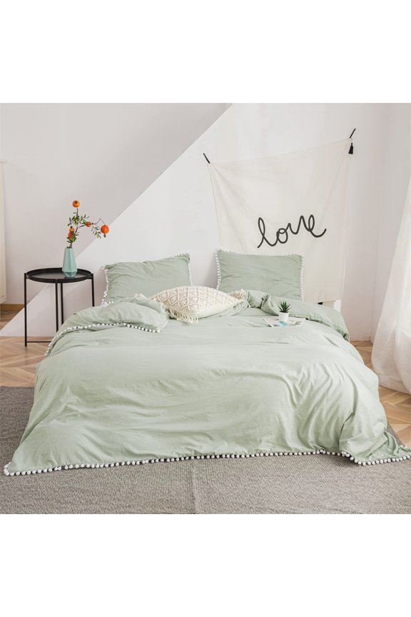 Pom Pom Duvet Cover Set Twin Size,Solid Color Farmhouse Bedding Set with White Fringe Ball ,Ultra Soft & Breathable Washed Microfiber Comforter Cover - 2 Pieces