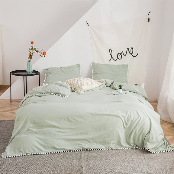 Pom Pom Duvet Cover Set Twin Size,Solid Color Farmhouse Bedding Set with White Fringe Ball ,Ultra Soft & Breathable Washed Microfiber Comforter Cover - 2 Pieces