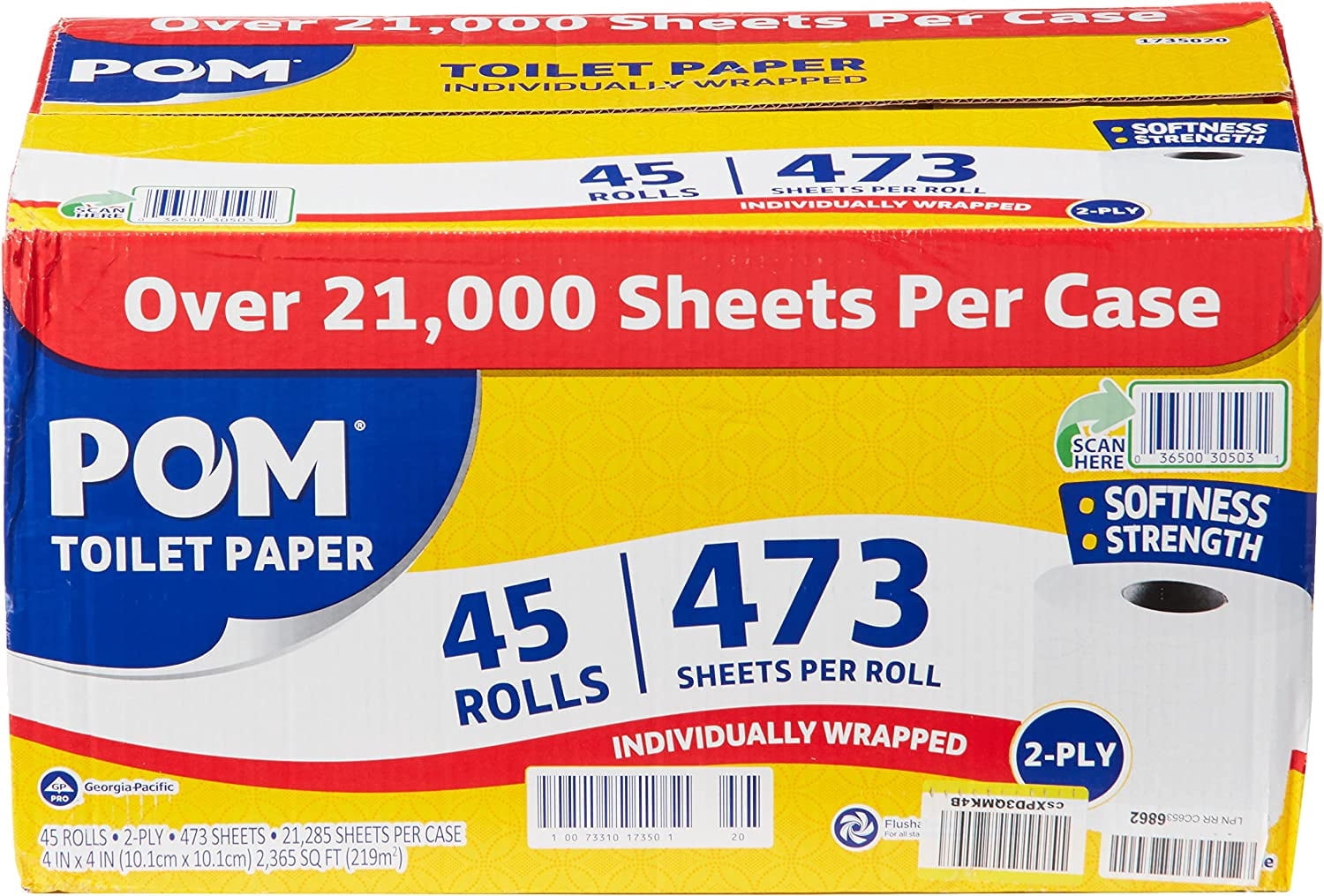Pom Embossed 2-ply Toilet Paper, White, 45 Rolls, 473 Sheets