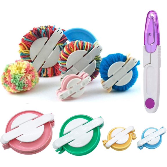 Pom Maker Art DIY 4 Size Fluff Ball Bobble Weaver Needle Craft Knitting Wool Tool Kit with a Thread Cutter Scissors