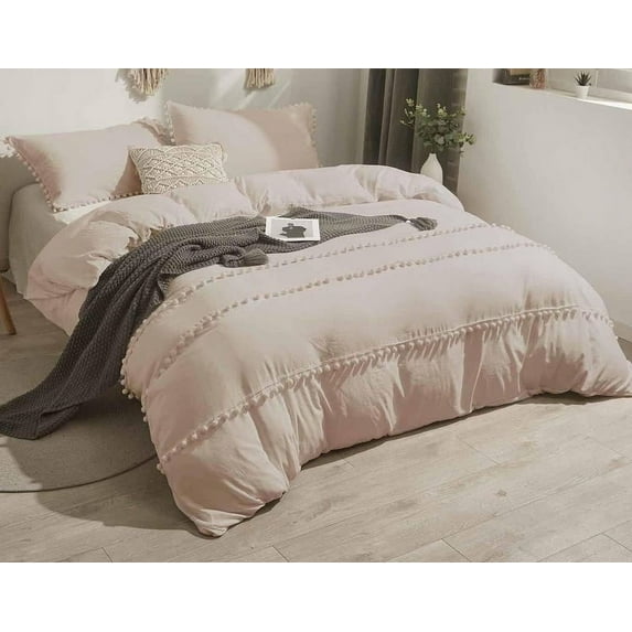 Pom Pom Cotton Duvet Cover Boho Bedding Sets With 2 Pillowcases Stonewashed Comforter Bed Cover Set Bedspread Quilt Cover Beige Color King