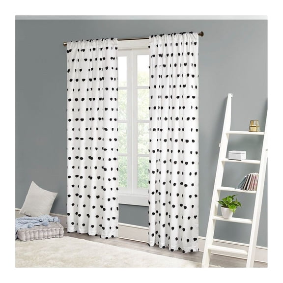 Pom Pom Curtain Panel - 50x63 Inch Sheer Window Treatment - Black Textured Polka Dot Design - Single Panel Rod Pocket Curtain for Bedroom, Living Room