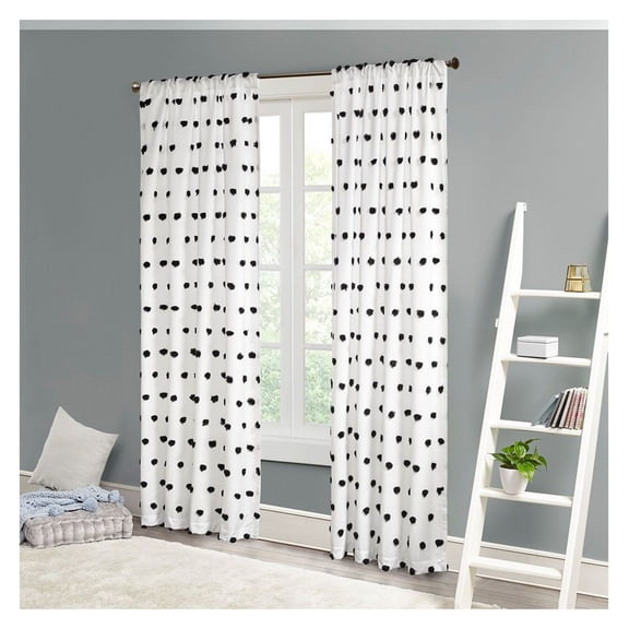 Pom Pom Curtain Panel - 50x63 Inch Sheer Window Treatment, Single Panel, Black Pom Poms, Rod Pocket, Casual Light Filtering Decor