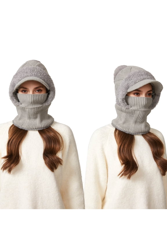 Pom-Pom Duck Bill 3-in-1 Knitting Hat - Fleece-Lined Winter Balaclava with Scarf & Mask, Windproof Warm Design for Women, Cute Pom-Pom Detail & Soft Comfortable Knit Fabric for Cold Weather, C