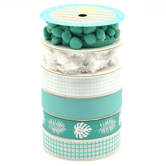 Pom-Pom, Fringe Trim and Ribbon Pack, 16 Yards, Mint Green and White by Gwen Studios