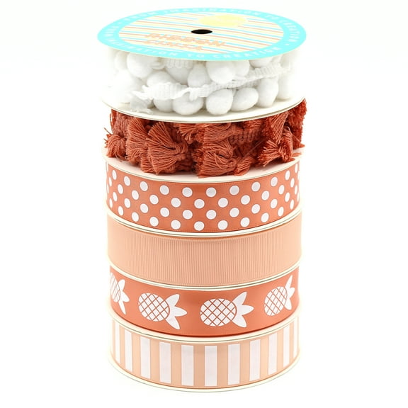 Pom-Pom, Fringe Trim and Ribbon Pack, 16 Yards, Peach and White by Gwen Studios