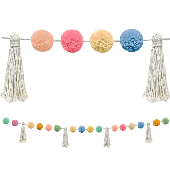 Pom Pom Garland Boho Tassel, 78.4 Inch Colorful Pompom Garland, 16 Balls Pom Pom String Banner for Classroom Christmas Valentines Day Easter Indoor Outdoor Party Hanging Decor (Style A)