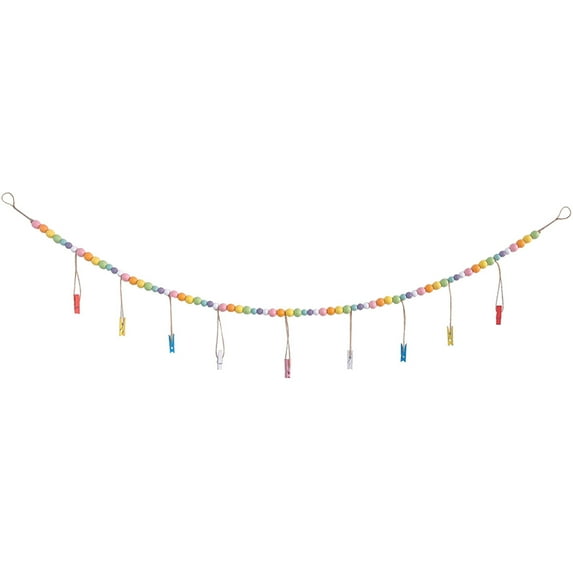 Pom Pom Garland Photo Display String with Clips and Wood Bead Garland