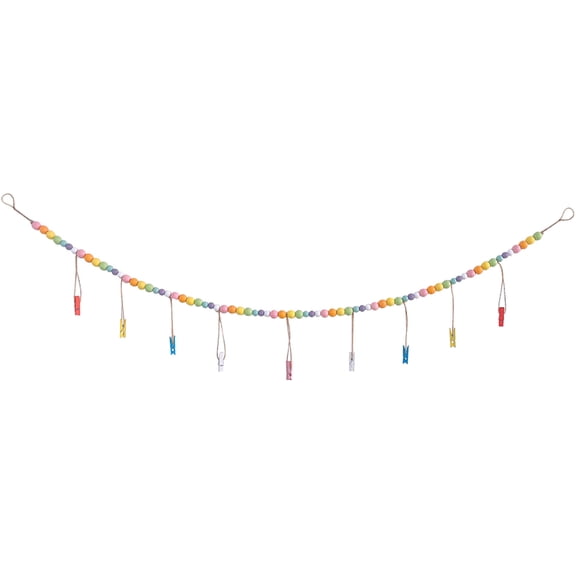 Pom Pom Garland Photo Display String with Clips and Decorative Wood Bead Garland for Wall Hanging and Party Decor