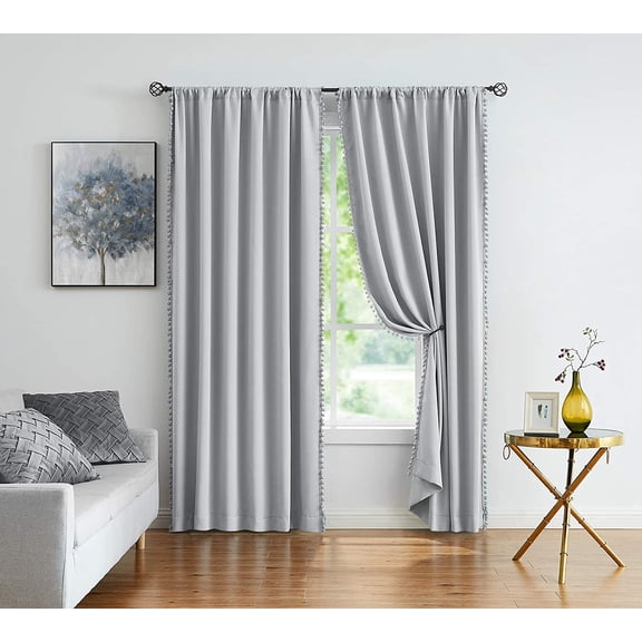 Pom Pom Grey Curtains for Bedroom Windows 84 inch Energy Efficient Thermal Insulated Living Room Darkening Curtain Panels Drapes Nursery Room Children 52" w x2 Panels Rod Pocket
