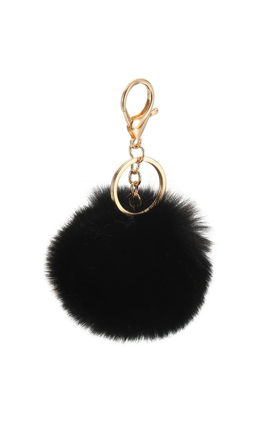 Pom Pom Keychain, 8cm Faux Rabbit Fur Puff Ball Keychain, Soft Cute Plush Fluffy Ball Key Ring for Women Purse Handbags Backpack Pendant Charm (Black)