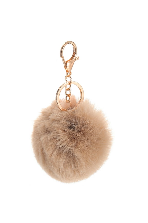 Pom Pom Keychain, 8cm Faux Rabbit Fur Puff Ball Keychain, Soft Cute Plush Fluffy Ball Key Ring for Women Purse Handbags Backpack Pendant Charm (Khaki)
