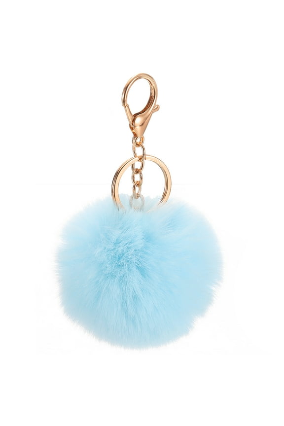 Pom Pom Keychain, 8cm Faux Rabbit Fur Puff Ball Keychain, Soft Cute Plush Fluffy Ball Key Ring for Women Purse Handbags Backpack Pendant Charm (Light Blue)